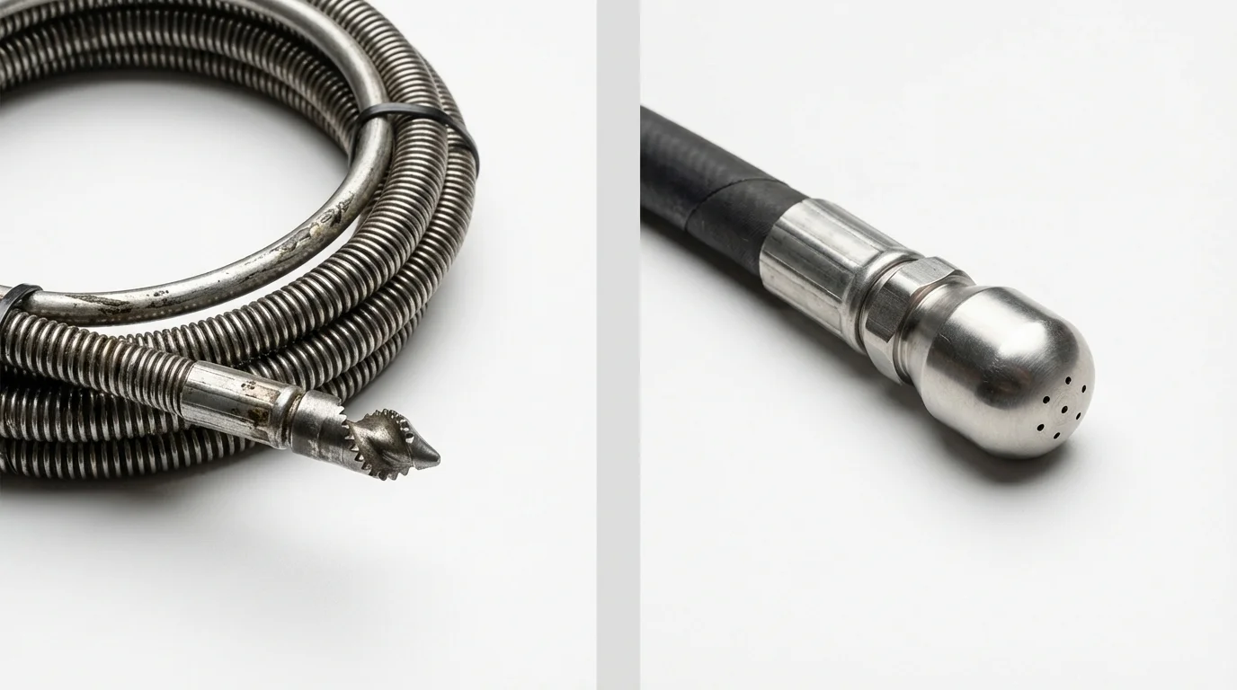 Drain snake cable and hydro jetting nozzle used for drain cleaning in Seabrook, NH