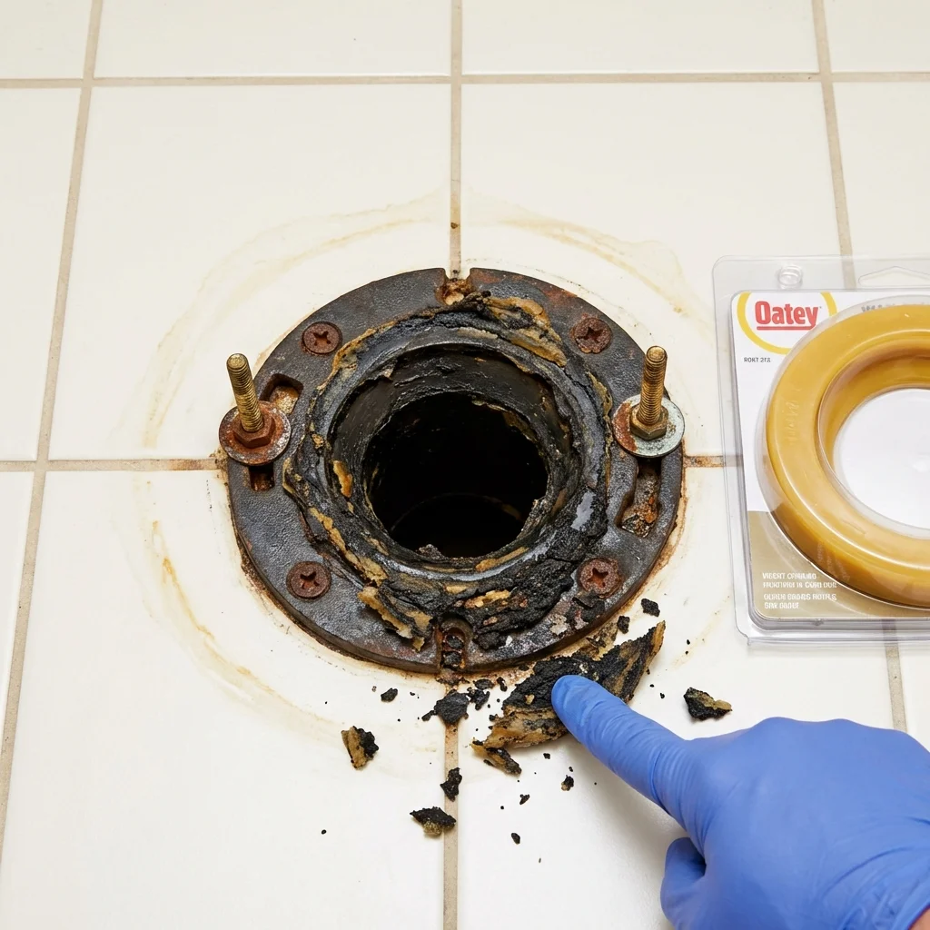 Failed wax ring showing water seepage at the base of a toilet in a Seabrook, NH home
