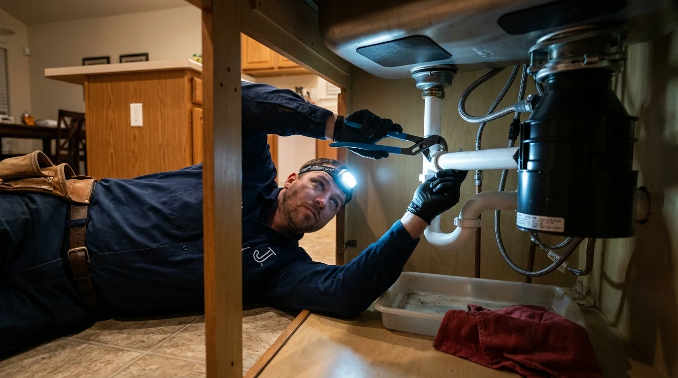 P-trap and supply line connections under a kitchen sink showing a common leak point in Seabrook, NH